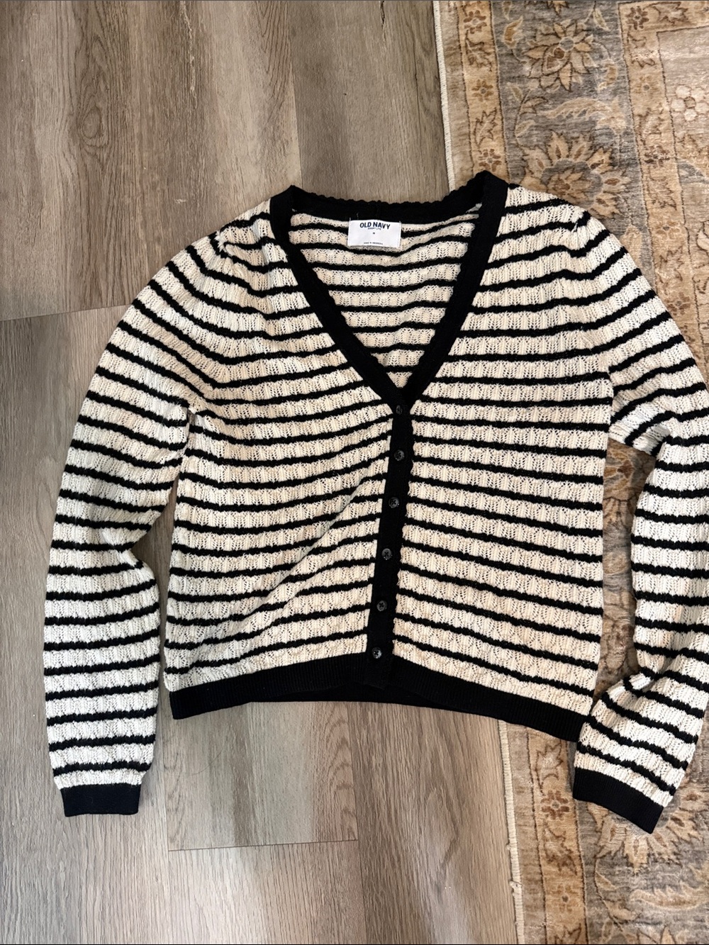 Old Navy Black and White Striped V-Neck Button Cardigan